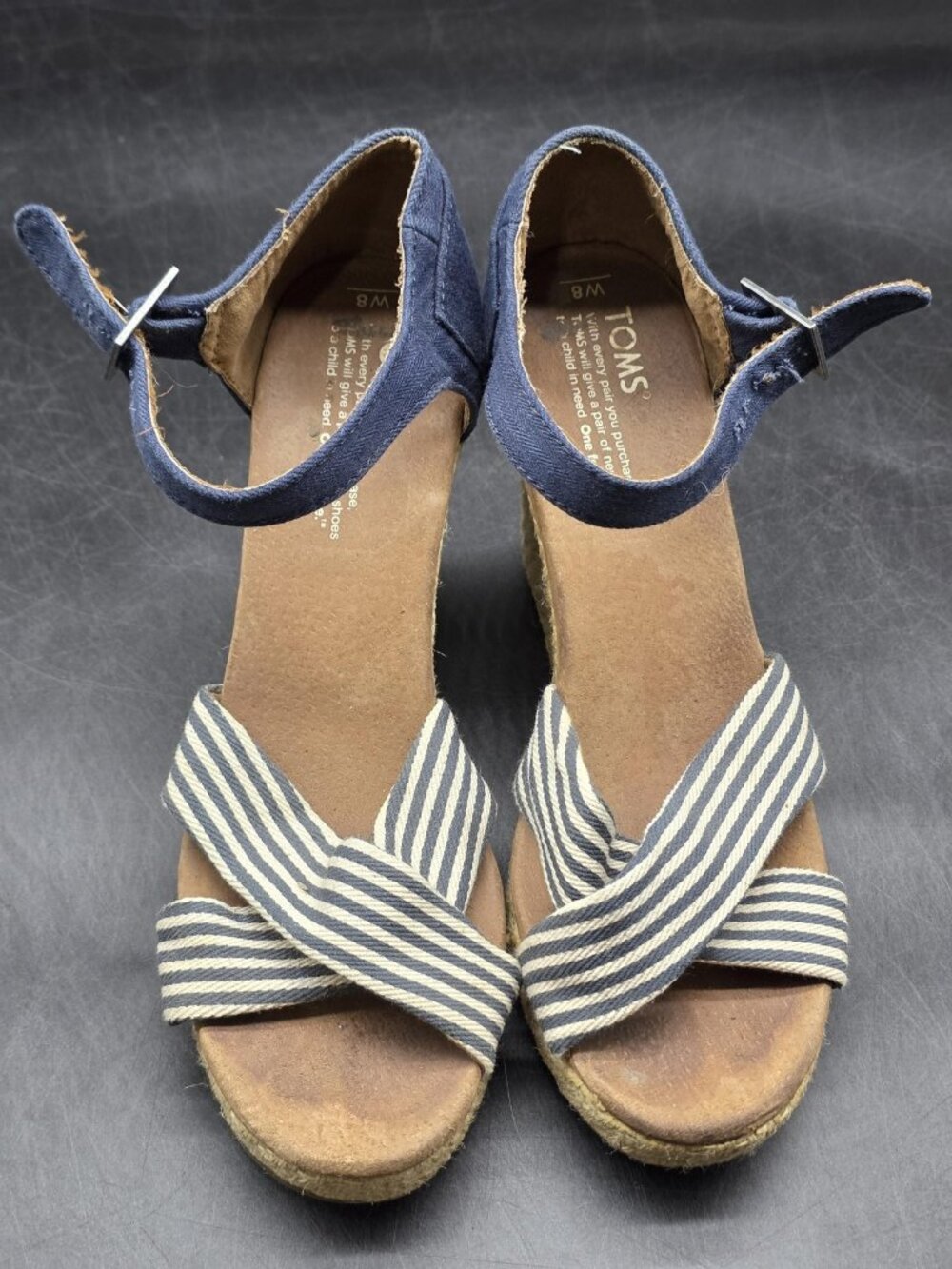 TOMS Sandals Womens Size 8 39 Blue Espadrille Wedge Ankle Strap Damage Shoes